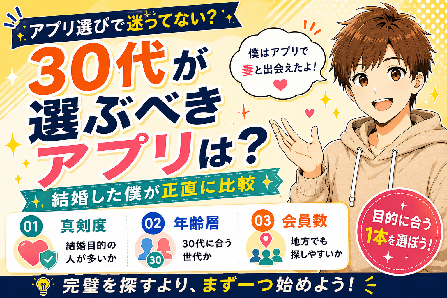 30代男性が選ぶべきマッチングアプリは？【結婚した僕が正直に比較】