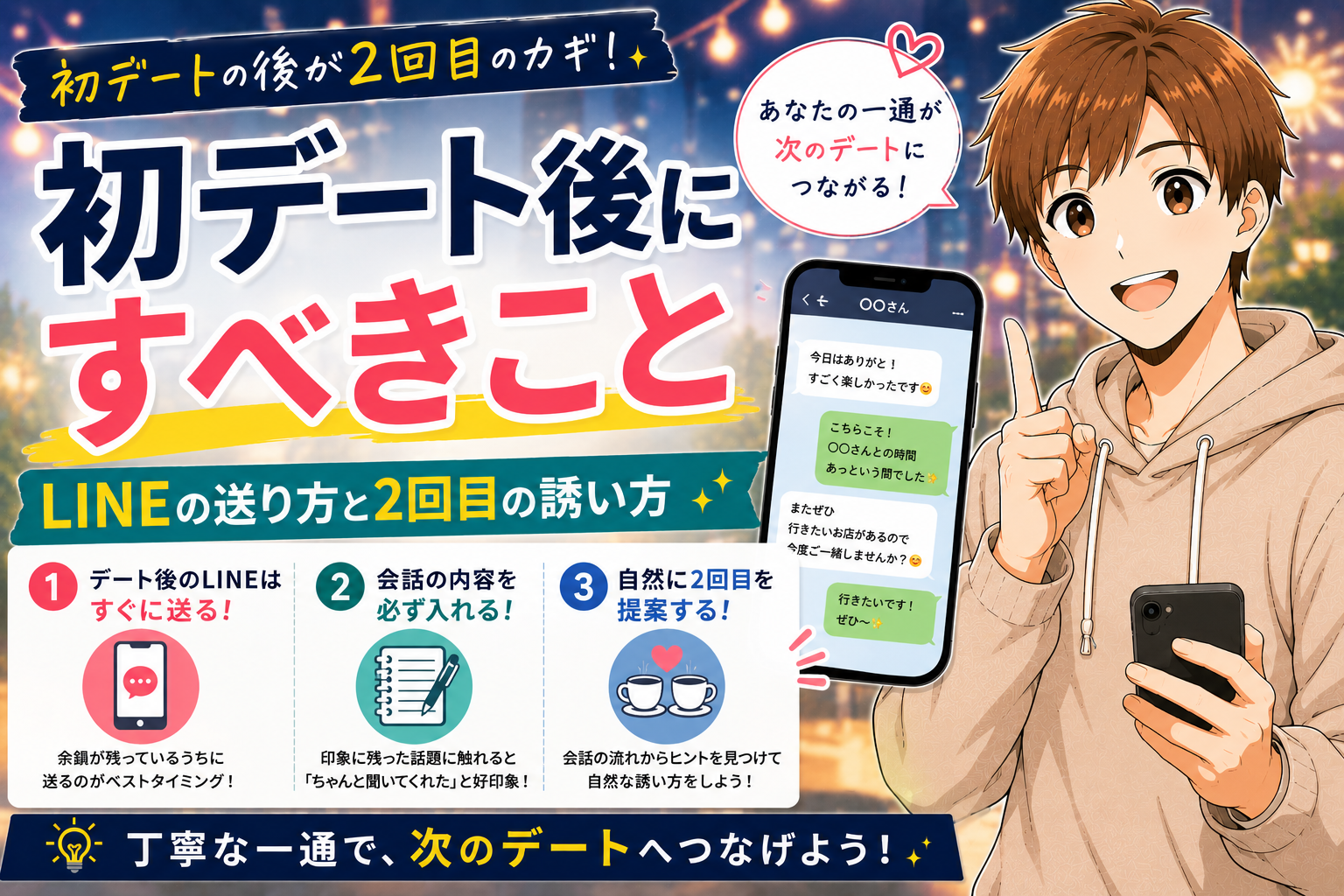 マッチングアプリの初デート後にすべきこと【LINEの送り方・2回目の誘い方】