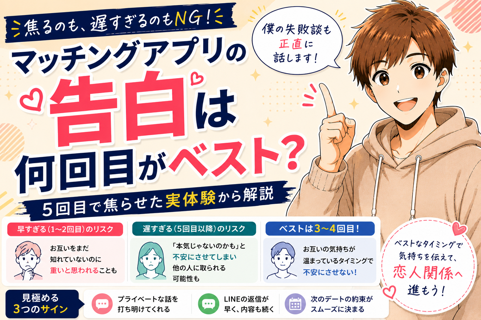 マッチングアプリの告白は何回目がベスト？【5回目で焦らせた実体験から解説】