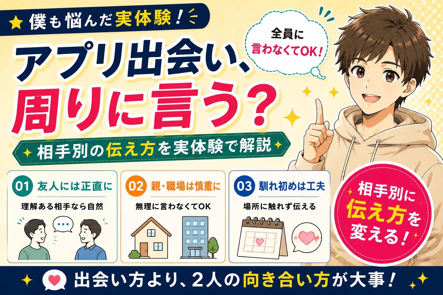 マッチングアプリで出会ったことは周りに言う？言わない？相手別の伝え方を実体験で解説