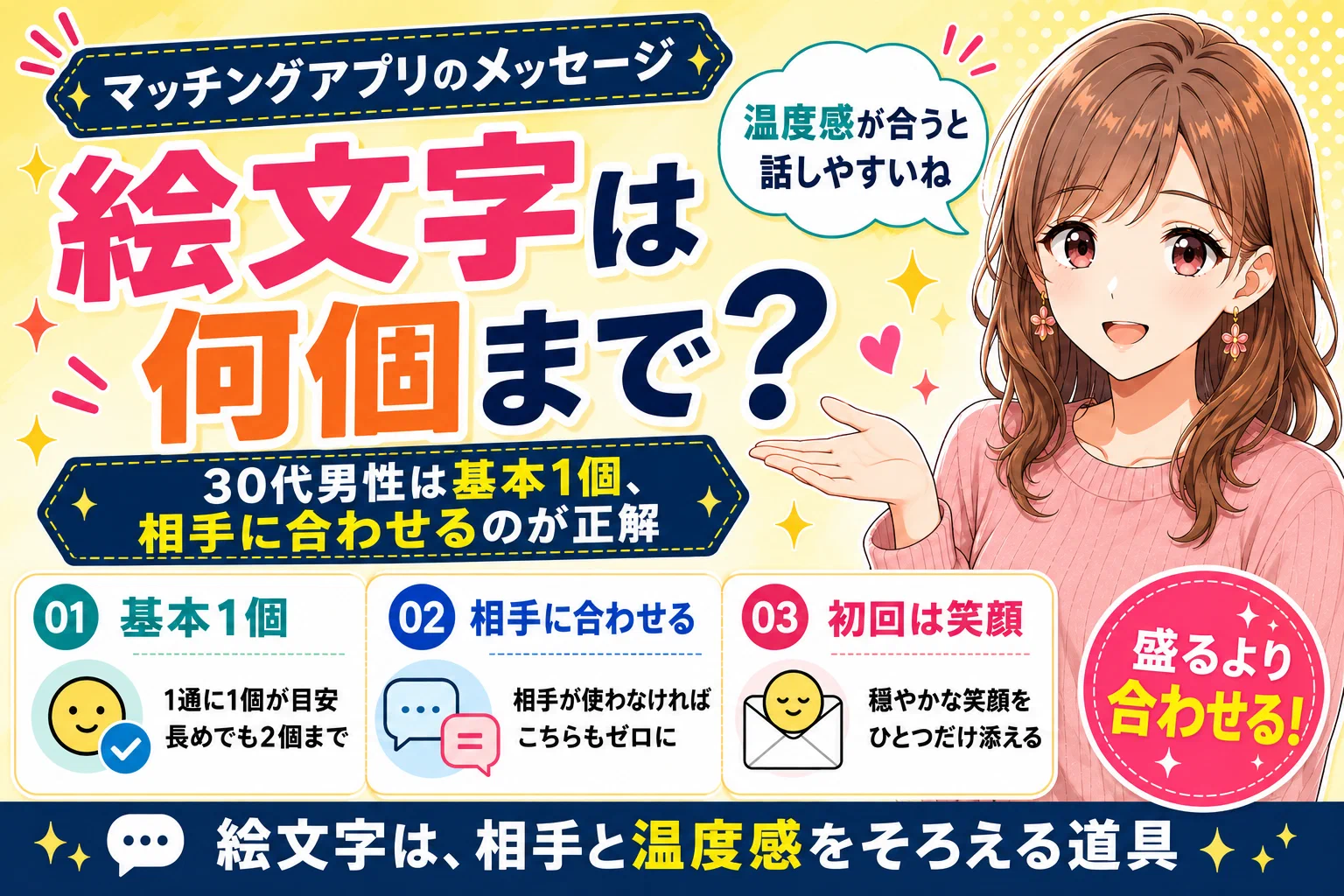 マッチングアプリの絵文字は何個まで？【30代男性は基本1個・相手に合わせるのが正解】