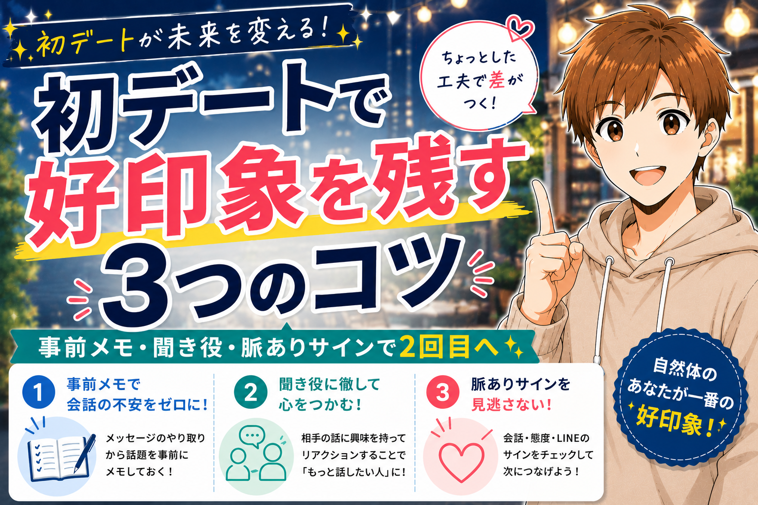 マッチングアプリの初デートで好印象を残す3つのコツ【会話・立ち回り・脈ありサイン】