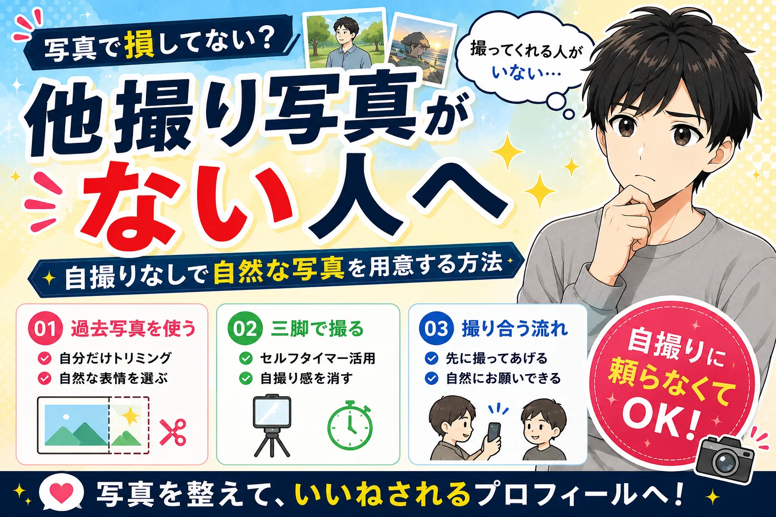 マッチングアプリの他撮り写真がない人へ【自撮りなしで自然な写真を用意する方法】