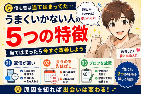 マッチングアプリでうまくいかない人の5つの特徴【いいね200超えの僕が実体験で解説】